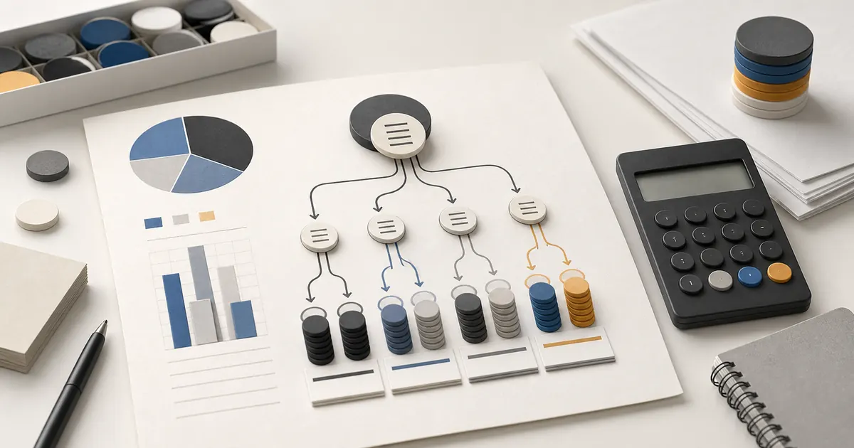 Token volumes branching into several budget scenarios beside a calculator