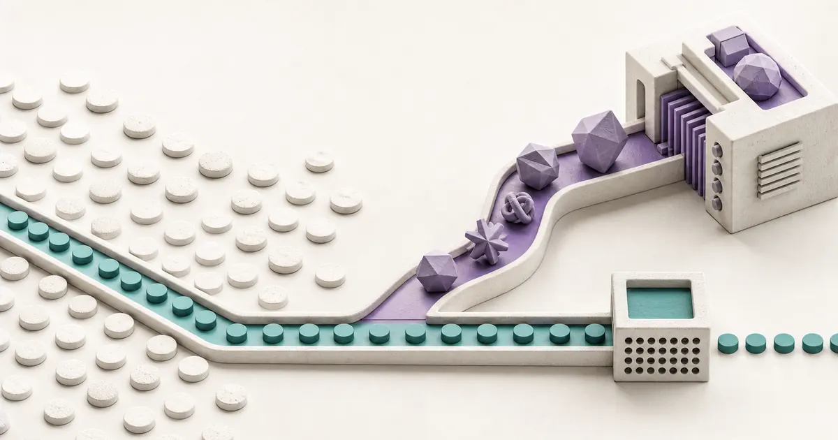 Simple tokens follow an efficient teal path while difficult shapes branch to a larger processor